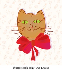 	Greeting card with funny cat and candy pattern