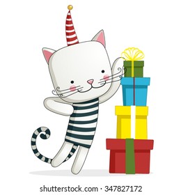 Greeting card with funny cat sitting on gift boxes