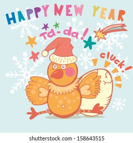 Greeting card with funny chicken, egg, snowflakes and stars.