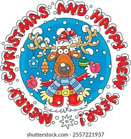 Greeting card with a funny Christmas reindeer with decorated branched horns, covered with snow, wearing holiday clothes of Santa Claus, friendly smiling and waving in greeting, vector cartoon