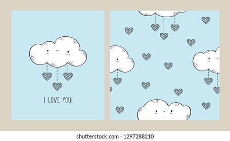 Greeting card with funny clouds and hearts for Valentine's Day, birthday, Mother's Day, wedding invitations. Pattern for textiles, wallpapers, gift wraps and scrapbook. Vector.
