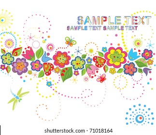 Greeting card with funny colorful flowers