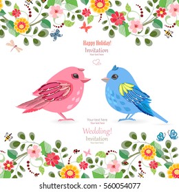 greeting card  with funny couple of birds for your design