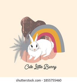 Greeting card with funny cute bunny and abstract background with texture.