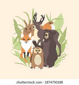 Greeting card with funny cute forest animals group and greenery behind. Isolated on white background. Stock vector illustration.