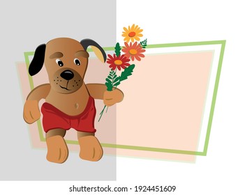 Greeting card with a funny cute puppy holding a bouquet of flowers in his paw. Vector drawing for children festive design with place for text. 