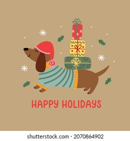 Greeting card with  funny dachshund and gifts