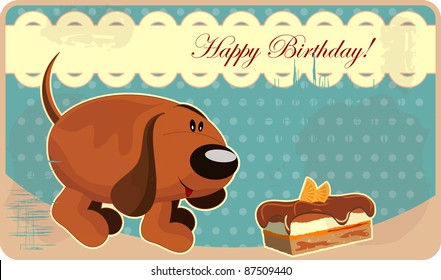 Greeting Card with a funny Dog and Chocolate Cake in vintage style. Vector Illustration.