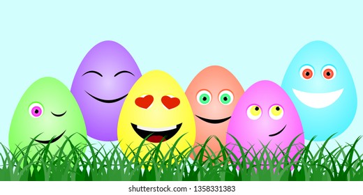 Greeting card with funny easter eggs. Vector illustration.