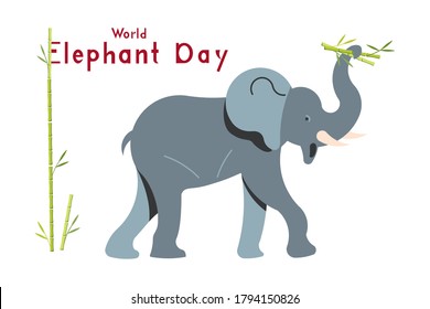 Tarjeta de saludo con elefante gracioso de diseño plano. Día mundial del elefante. Ilustración de vectores de arte plano