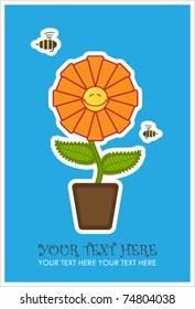 Greeting card with funny flower and bee. Vector illustration. place for your text.