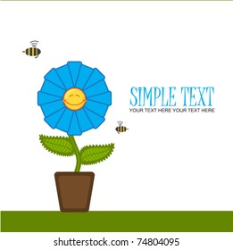 Greeting card with funny flower and bee. Vector illustration. place for your text.