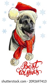 Greeting card. Funny german shepherd dog portrait with a scarf and Christmas hat with snowflakes and lettering. Vector illustration. For decor, design, print, posters, stickers, t-shirt, embroidery