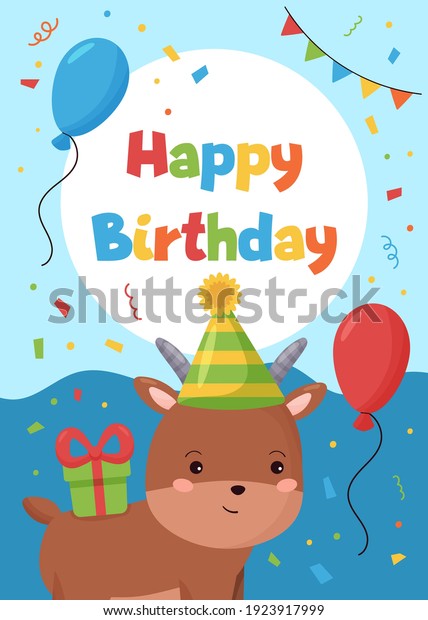 Greeting card\
with funny goat, gift and balloons. Happy Birthday. Farm animals.\
Cute cartoon vector\
character.