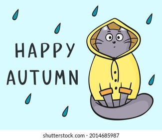 Greeting card funny gray cat on a blue background. Happy autumn. Cute cartoon kitten in flat style
