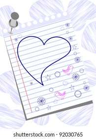Greeting card with funny hand drawn elements  on blank template paper stick with pin on heart shape background for Valentines Day.