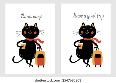 Greeting card with a funny happy black with a coffee mug and a suitcase. Hand drawn lettering Have a good trip in Spanish and English