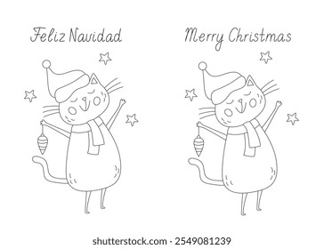 Greeting card with a funny joyful  cat wearing Santa hat and a Christmas ornament. Merry Christmas  Spanish and English hand drawn letterin,  black outline doodle illustration for coloring