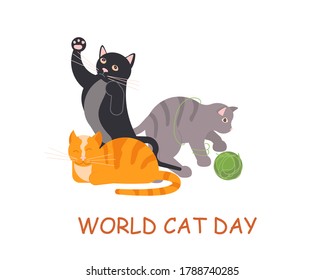 Greeting card with funny kittens in flat design. Happy cats day, pets in different poses sitting, standing, playing. Flat Art Vector Illustration