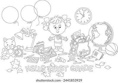 Greeting card with a funny little schoolgirl first grader before start of classes, completing her schoolbag with textbooks, exercise books, rules, pencils and pens in a room with balloons and a globe