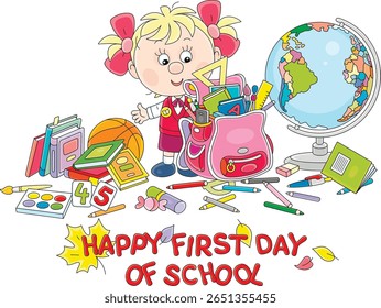 Greeting card with a funny little schoolgirl first grader before start of classes, completing her schoolbag with textbooks, exercise books, rules, pencils and pens, vector cartoon illustration