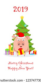 Greeting card with funny merry pig in Santa Claus hat, a character for greeting cards and advertising for Christmas and New Year. 2019 simbol. Flat vector illustration.