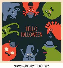 Greeting card with funny monsters. Hello Halloween. Background for celebrations, holidays.