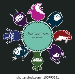 Greeting card with funny monsters. Round frame. Background for celebrations, holidays.