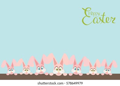 Greeting card with funny pink Easter rabbits with big eyes. Vector illustration. 