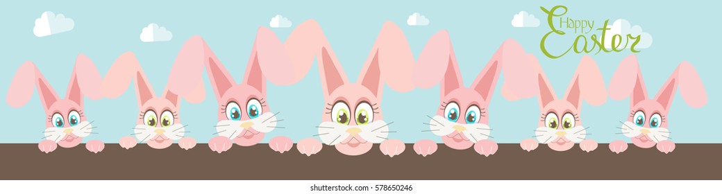 Greeting card with funny pink Easter rabbits with big eyes. cover image for blog.  Vector illustration. 