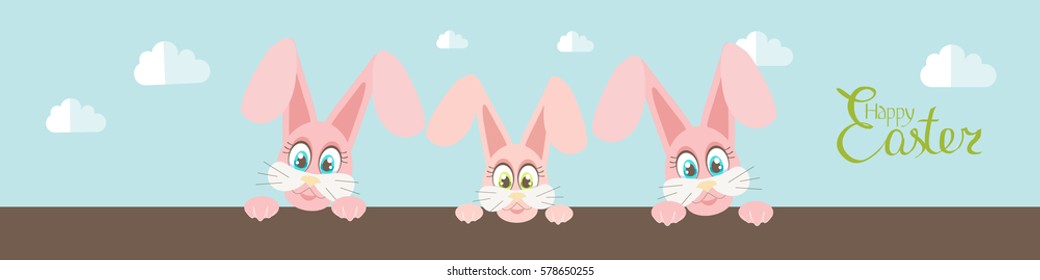 Greeting card with funny pink Easter rabbits with big eyes. cover image for blog.  Vector illustration. 