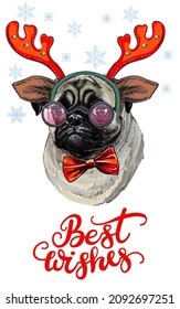 Greeting card. Funny pug dog portrait with a bow and deer antlers, snowflakes and lettering. Vector illustration. For decor, design, print, posters, stickers, t-shirt, embroidery