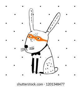 Greeting card with funny rabbit in mask. Cute bunny. Boy. Can be used for baby t-shirt print, fashion print design, kids wear, baby shower celebration greeting and invitation card. Hand drawn style.