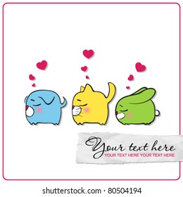 Greeting card with funny sleeping animals. Vector illustration. Place for your text.