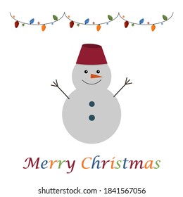 Greeting card with a funny snowman on a white background, colorful garland and happy Christmas inscription, vector illustration in flat style, print, banner, poster, clipart, design, decoration