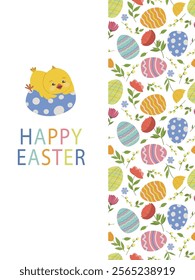 Greeting card with funny yellow chick and easter eggs on white background. Cute baby chicken with flowers and pawl eggs. Vector illustration for poster, invitation, card or fabric