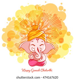 Greeting card for Ganesh birthday: Happy Gahesh Chaturthi. Vector cartoon illustration on a yellow spotted background with mandala.