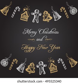 Greeting card with a garland of gingerbread. Golden and Black. Merry Christmas
and Happy New Year. The sketch drawn by hand. Vector