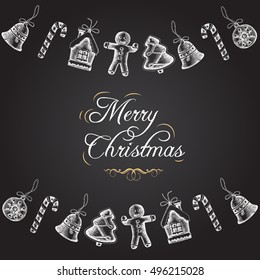 Greeting card with a garland of gingerbread hand drawn. Golden and Black. Merry Christmas and Happy New Year. The sketch. Vector