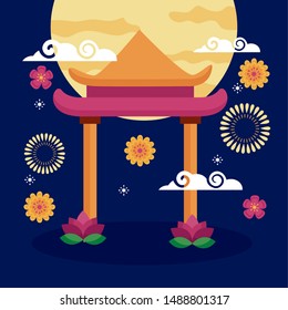 greeting card gate flowers moon celebration mid autumn festival vector illustration
