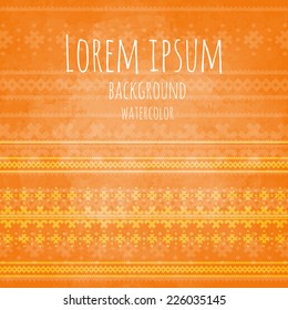 greeting card with geometric triangle ethnic tribal pattern on orange watercolor paper texture background