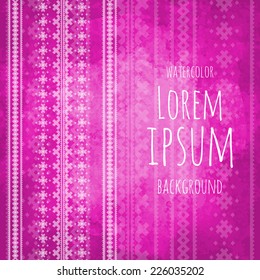 greeting card with geometric triangle ethnic tribal vertical pattern on pink watercolor paper texture background
