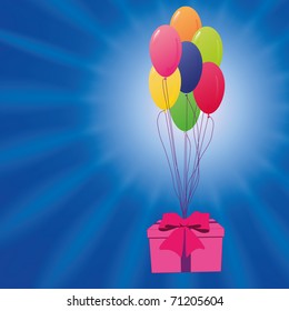 Greeting card with gift box and balloons