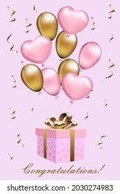 Tarjeta de saludo con caja de regalo y arco, manojo de globos, serpentina e inscripción aislados en fondo rosa. Ilustración vectorial en colores rosa y dorado.