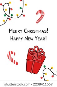 Greeting card with gift box, candy canes and Christmas lights vector illustration. Doodle Xmas symbols isolated on white background. Merry Christmas and Happy New Year