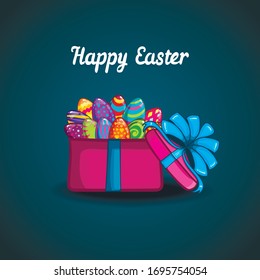 Greeting card with gift box and Easter eggs in. Holiday illustration