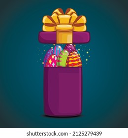 Greeting card with gift box and Easter eggs in. Holiday illustration