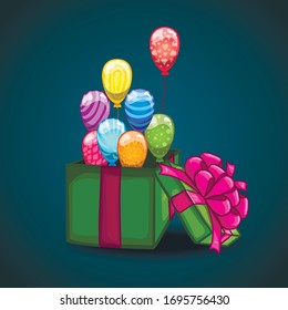 Greeting card with a gift box and a flying balloon. Holiday illustration