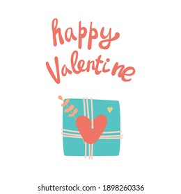 Greeting card with gift box and lettering in flat cartoon style - Happy Valentines day.