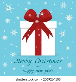 Greeting card with gift box and snowflakes.